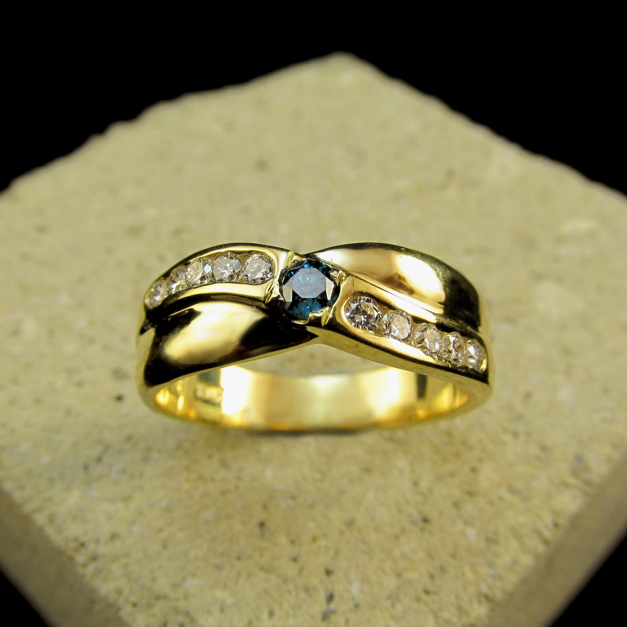 18ct Yellow Gold Channel Set Crossover Blue Diamond ring (Ref#26011)