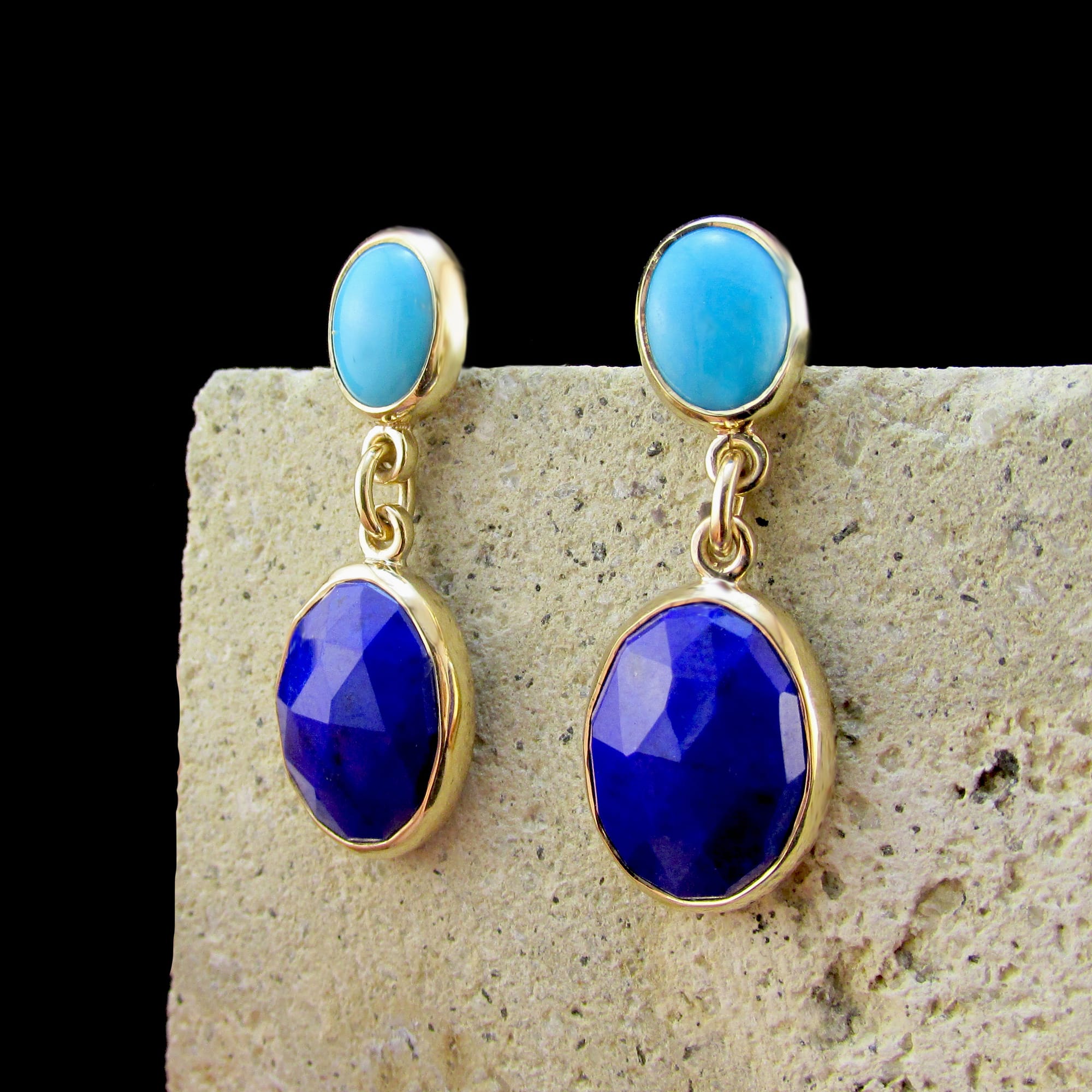 9ct Yellow Gold Turquoise & Lapis Drop Earrings (Ref#26034)