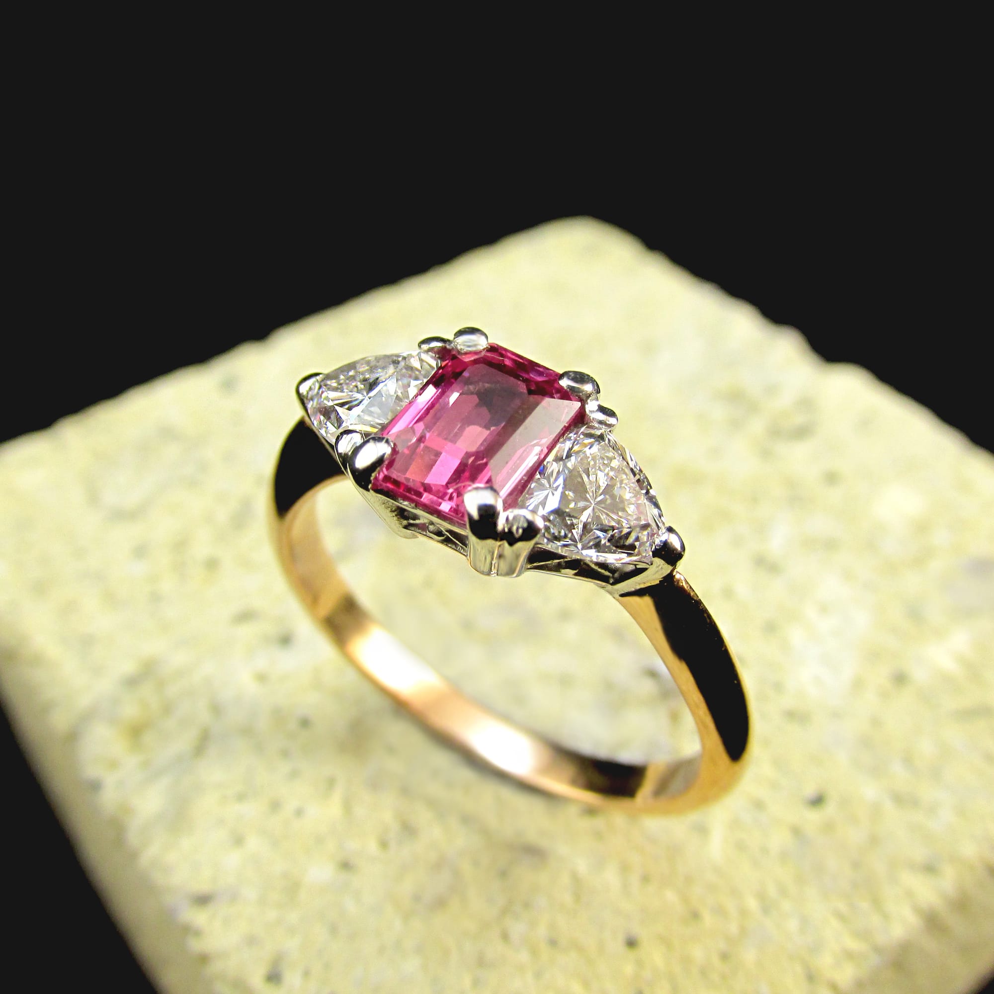 18ct Rose & White Gold Pink Sapphire & Diamond 3 Stone Ring (Ref#26057)