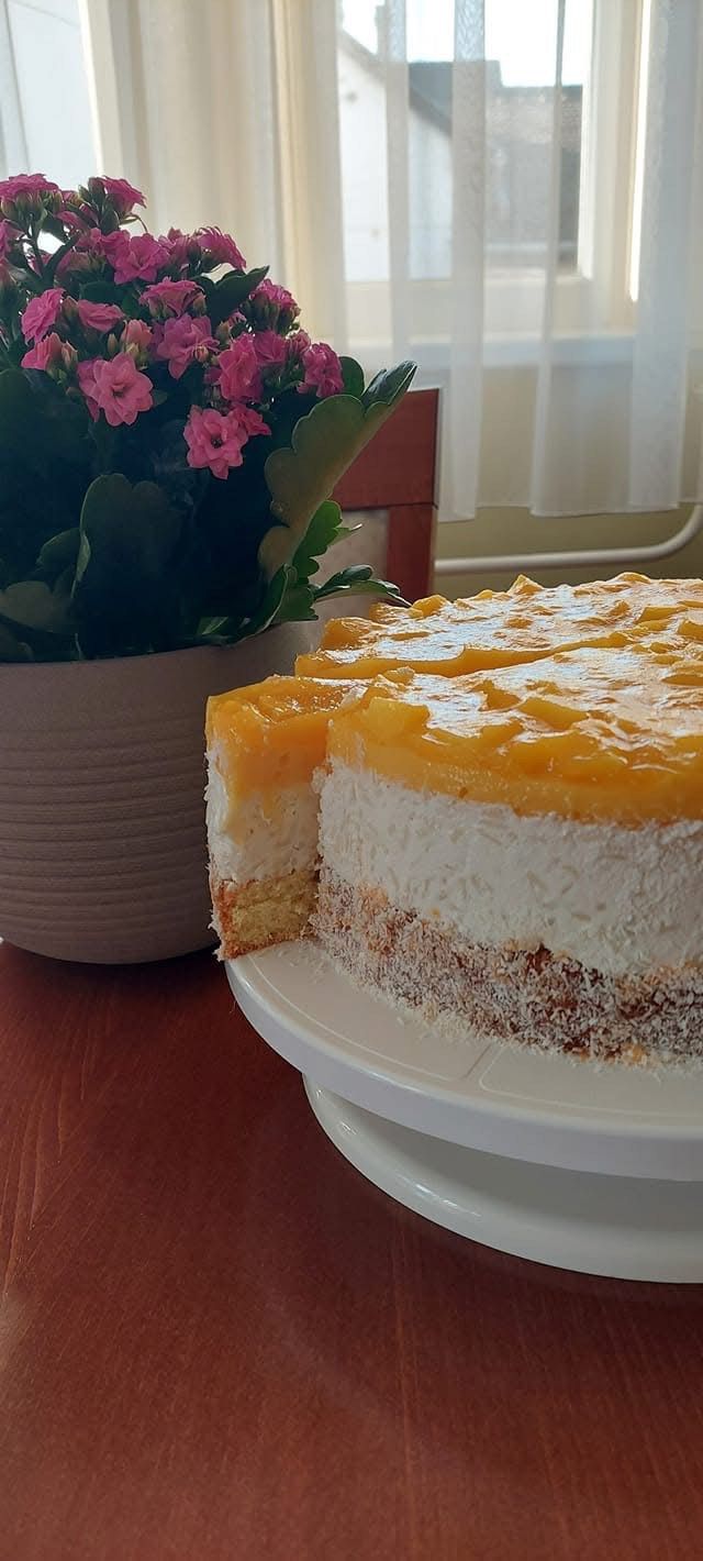 Kókuszos tejberizstorta barackkal és mangóval