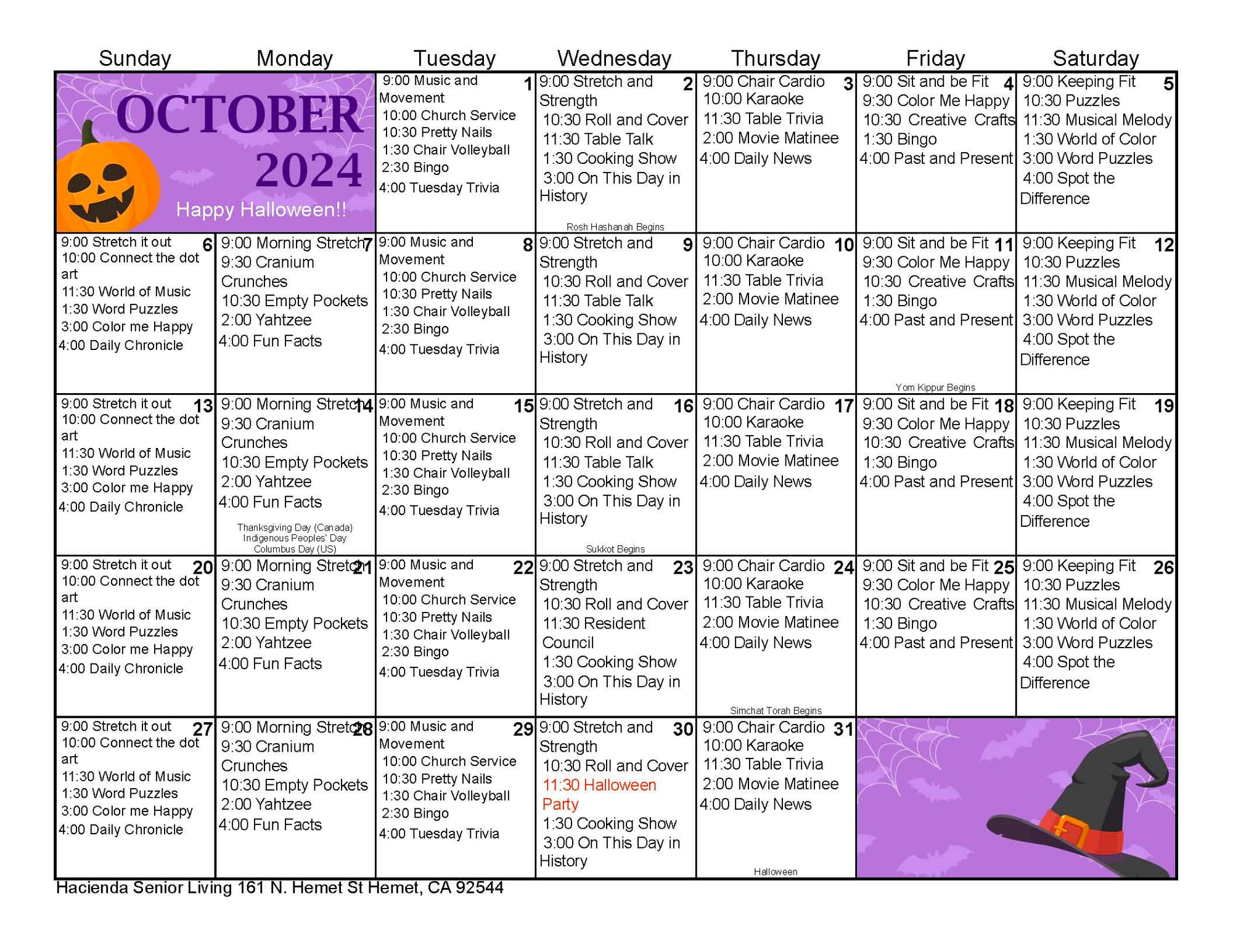 Daily Activities Schedule for October 2024