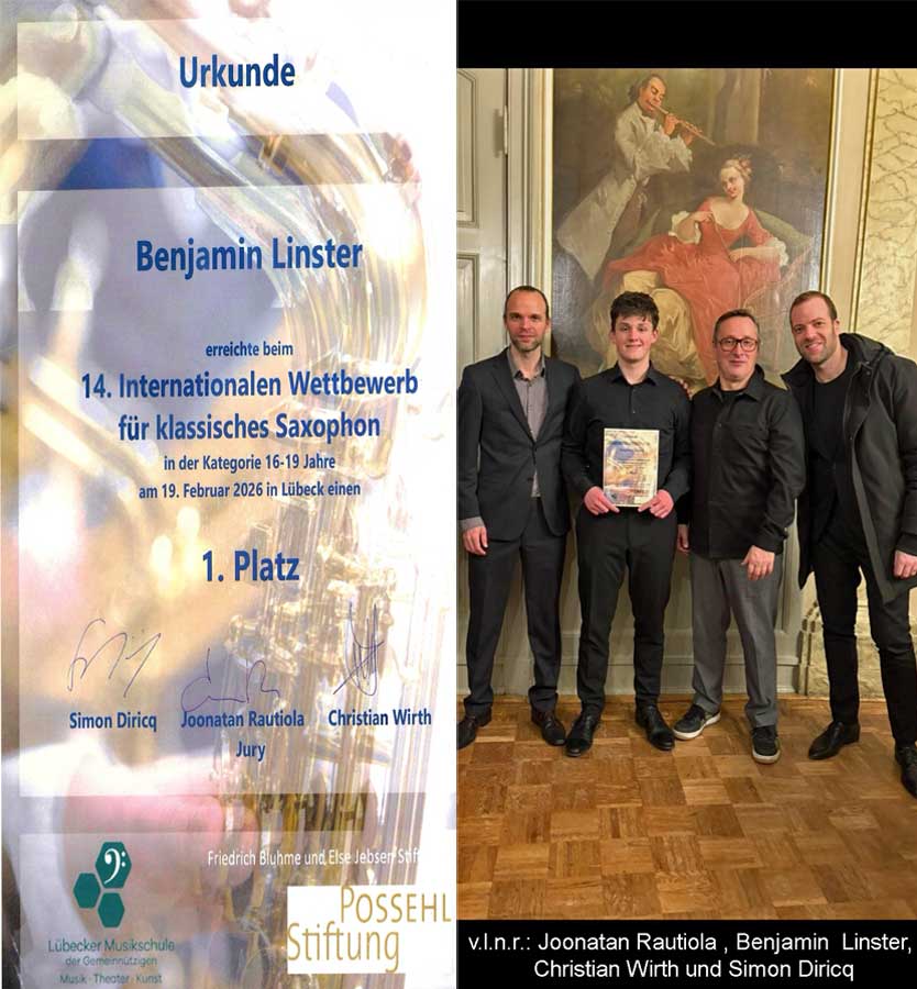 Wir gratulieren Benjamin Linster zum 1. Platz beim Internationalen Saxophonwettbewerb in Lübeck