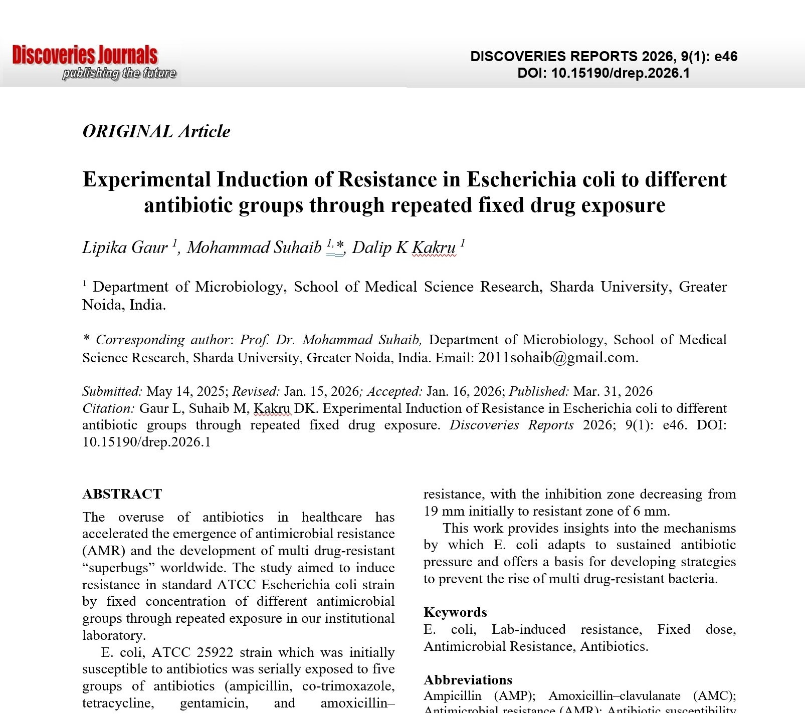 Experimental Induction of Resistance in Escherichia coli to different antibiotic groups through repeated fixed drug exposure