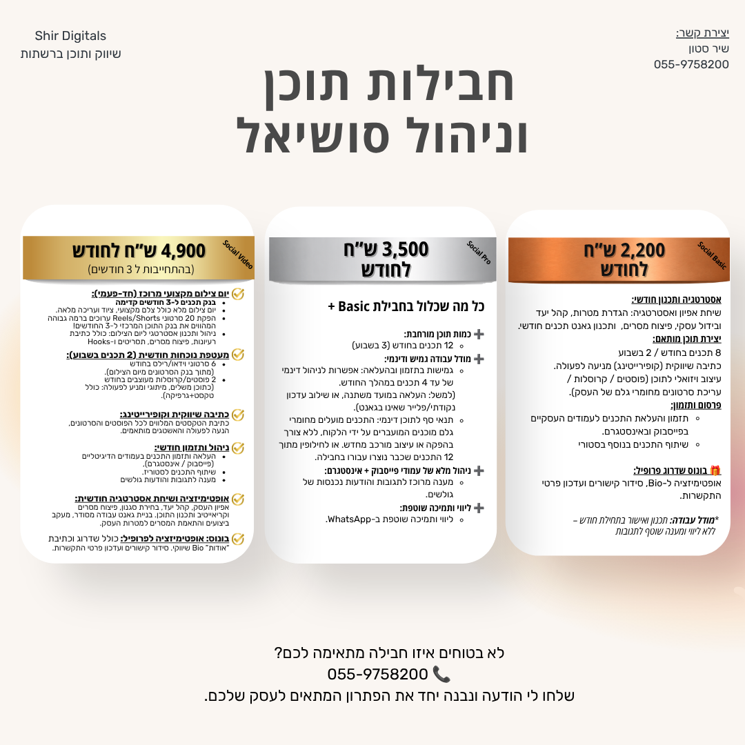 חבילות תוכן וניהול סושיאל חודשי