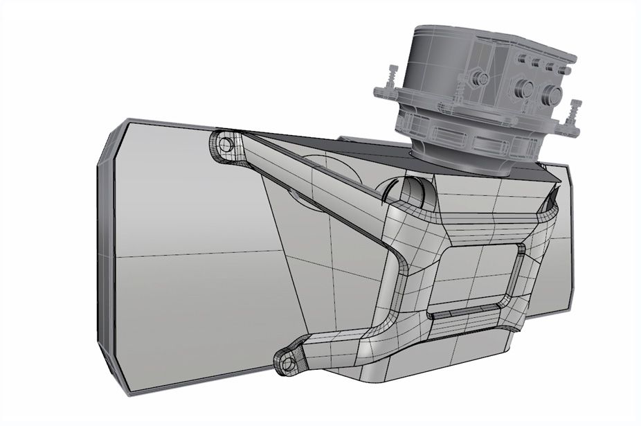 סקיצת SolidWorks גדולה של מכ"ם C-catcher, המדגישה את יכולות אנטנת ה-AESA ואת העיצוב התעשייתי של סטודיו גריזים.