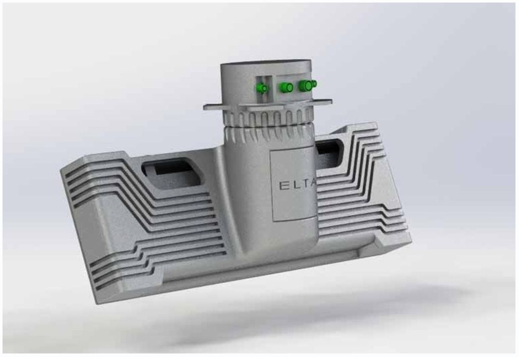 הדמיה נוספת מסקיצת SolidWorks של מכ"ם C-catcher, המציגה זוויות שונות של העיצוב התעשייתי של סטודיו גריזים.