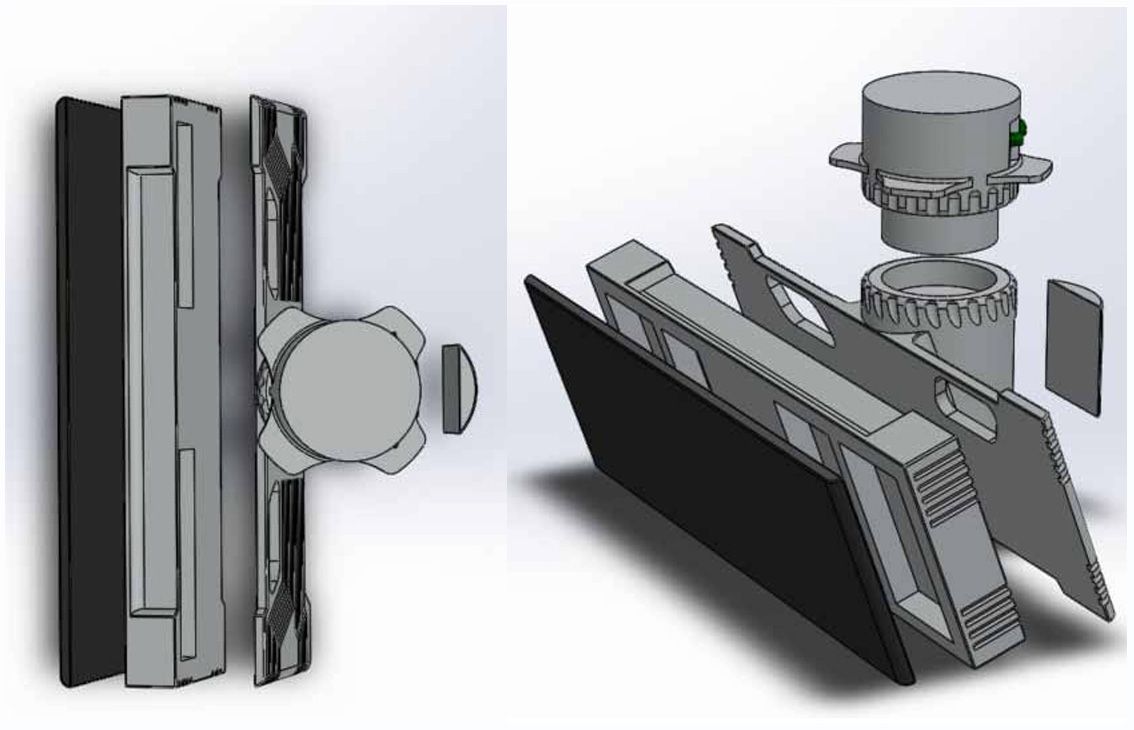סקיצת SolidWorks של פירוק מכ"ם C-catcher, המציגה את מורכבות העיצוב התעשייתי של סטודיו גריזים.