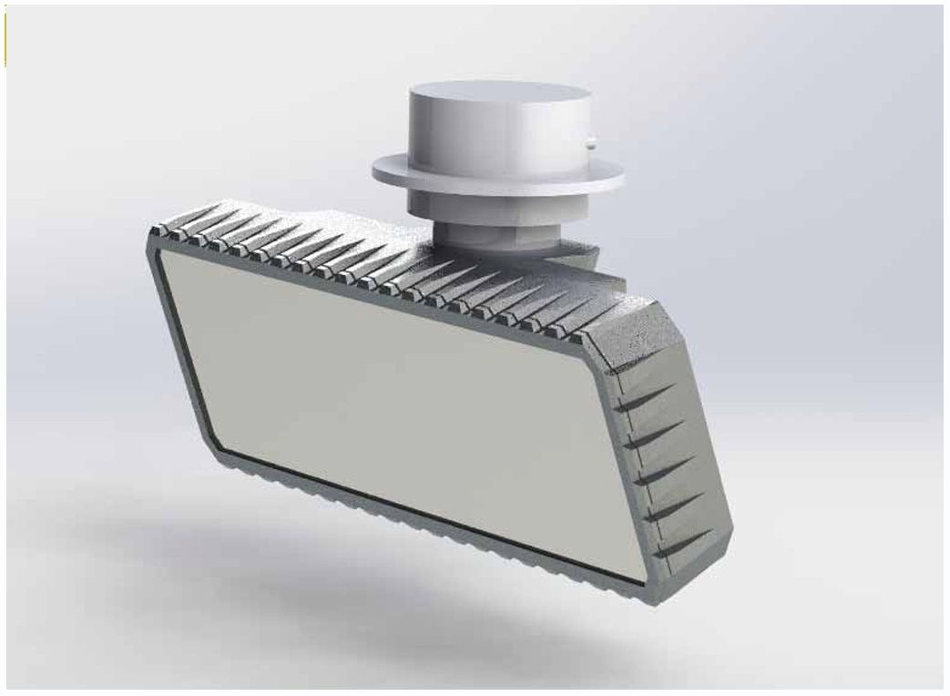 הדמיה מבוססת סקיצת SolidWorks של מכ"ם C-catcher, עם דגש על הפרטים הטכניים והעיצוביים שנוצרו בסטודיו גריזים.