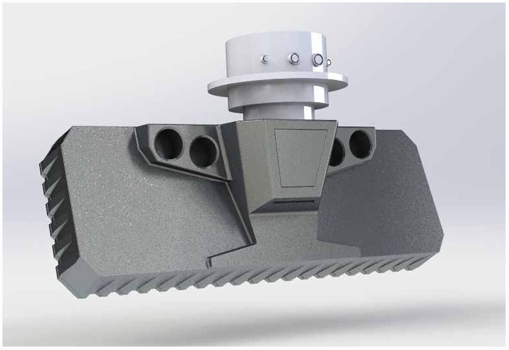 הדמיה אחרונה מסקיצת SolidWorks של מכ"ם C-catcher, המבליטה את הפונקציונליות והאסתטיקה בעיצוב תעשייתי של סטודיו גריזים.