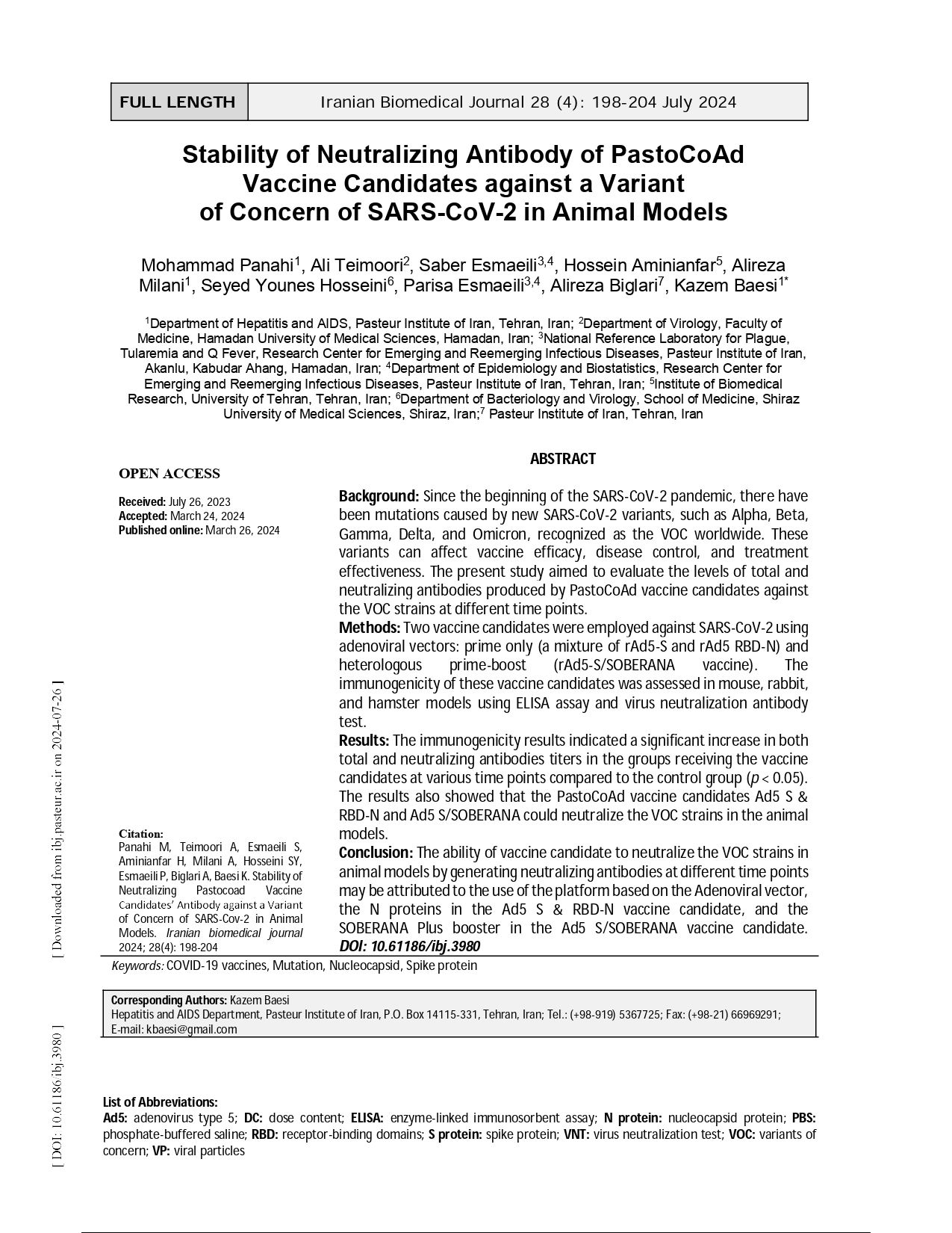 Stability of Neutralizing Antibody of PastoCoAd Vaccine Candidates against a Variant of Concern of SARS-CoV-2 in Animal Models