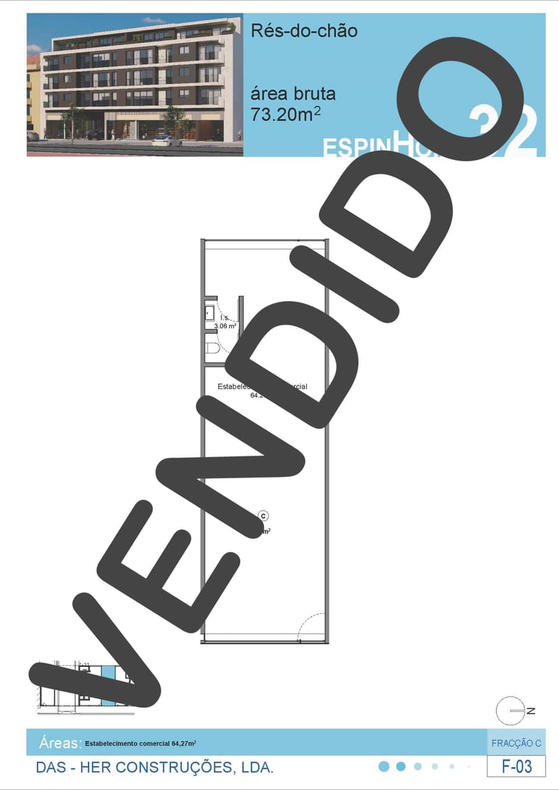 Loja Fracção (C) - 73.20 m2 de superficie e 4,70 m de altura.