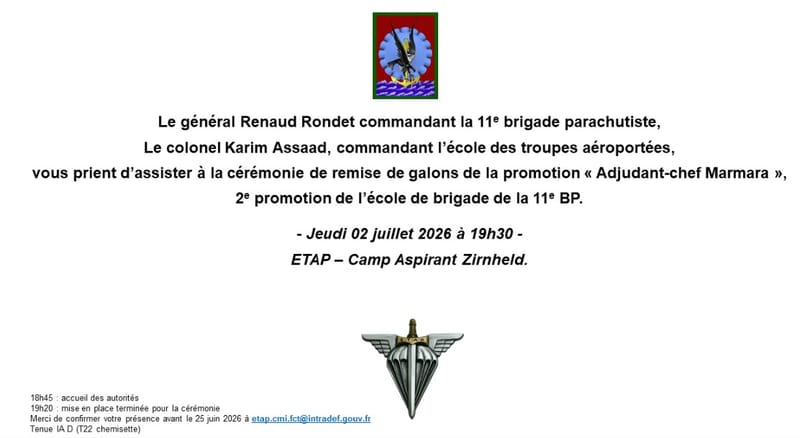 02 juillet 2026 cérémonie de remise de galons promotion ADC MARMARA 2° PROMOTION de l'Ecole de Brigade de la 11° BP