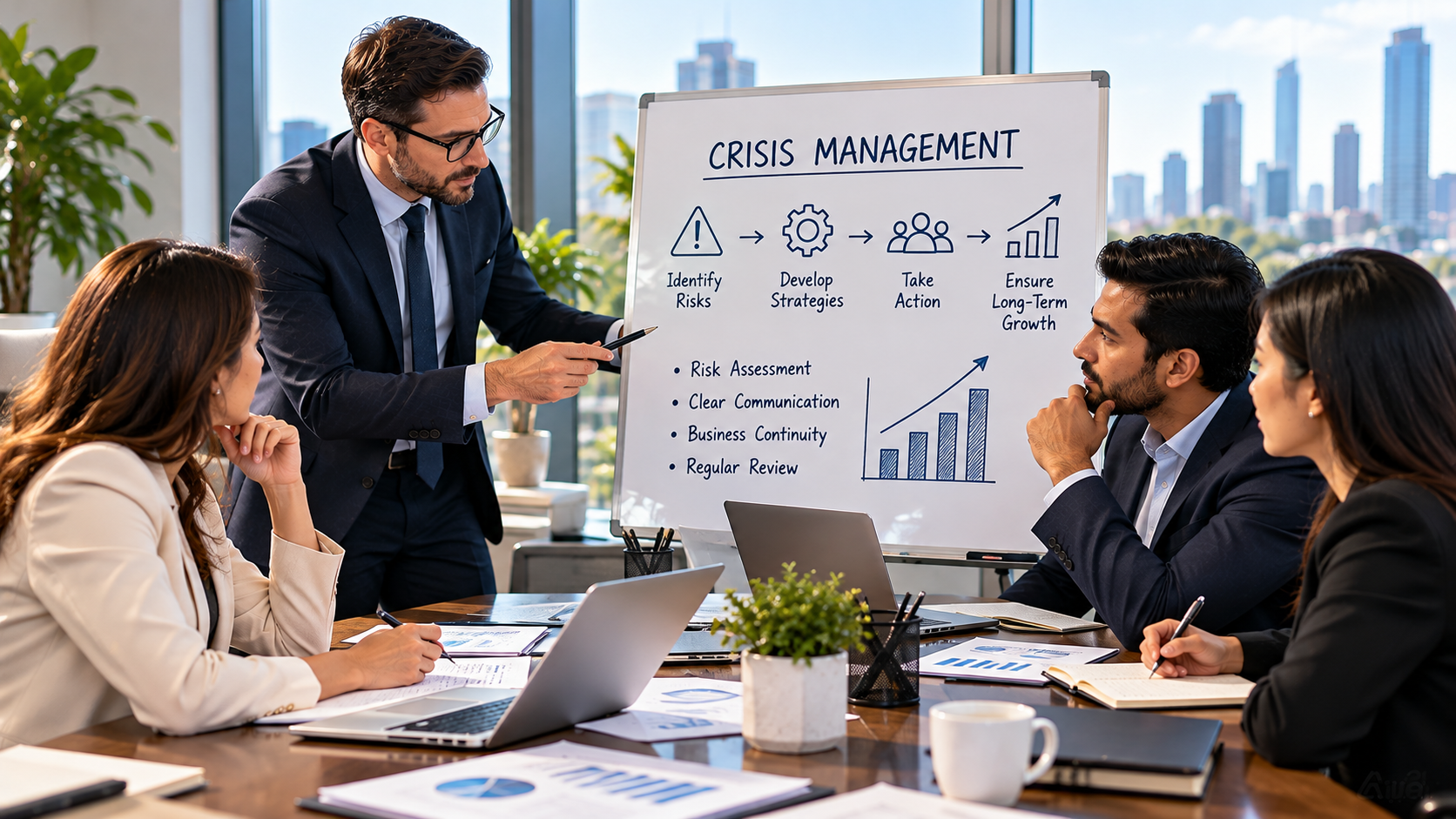 Business professionals reviewing crisis management plans, identifying risks, and developing strategies for long-term business growth.