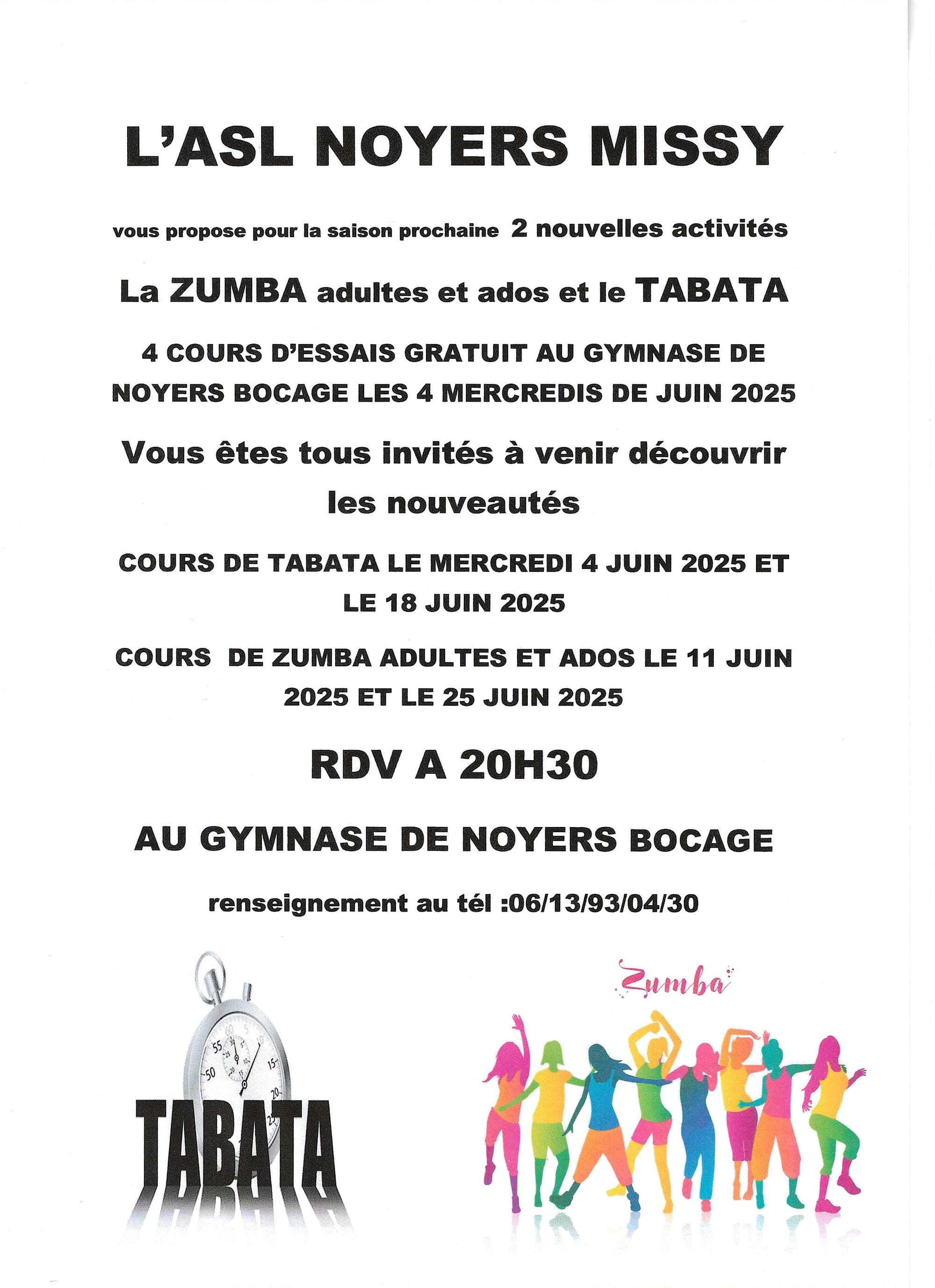 cours d'essais gratuits au mois de juin 2025 de ZUMBA adultes, ados et cours de TABATA