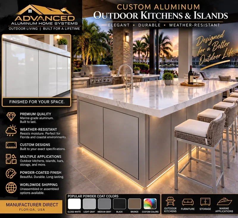 Custom aluminum outdoor island with flat-panel cabinetry and powder-coated finishes