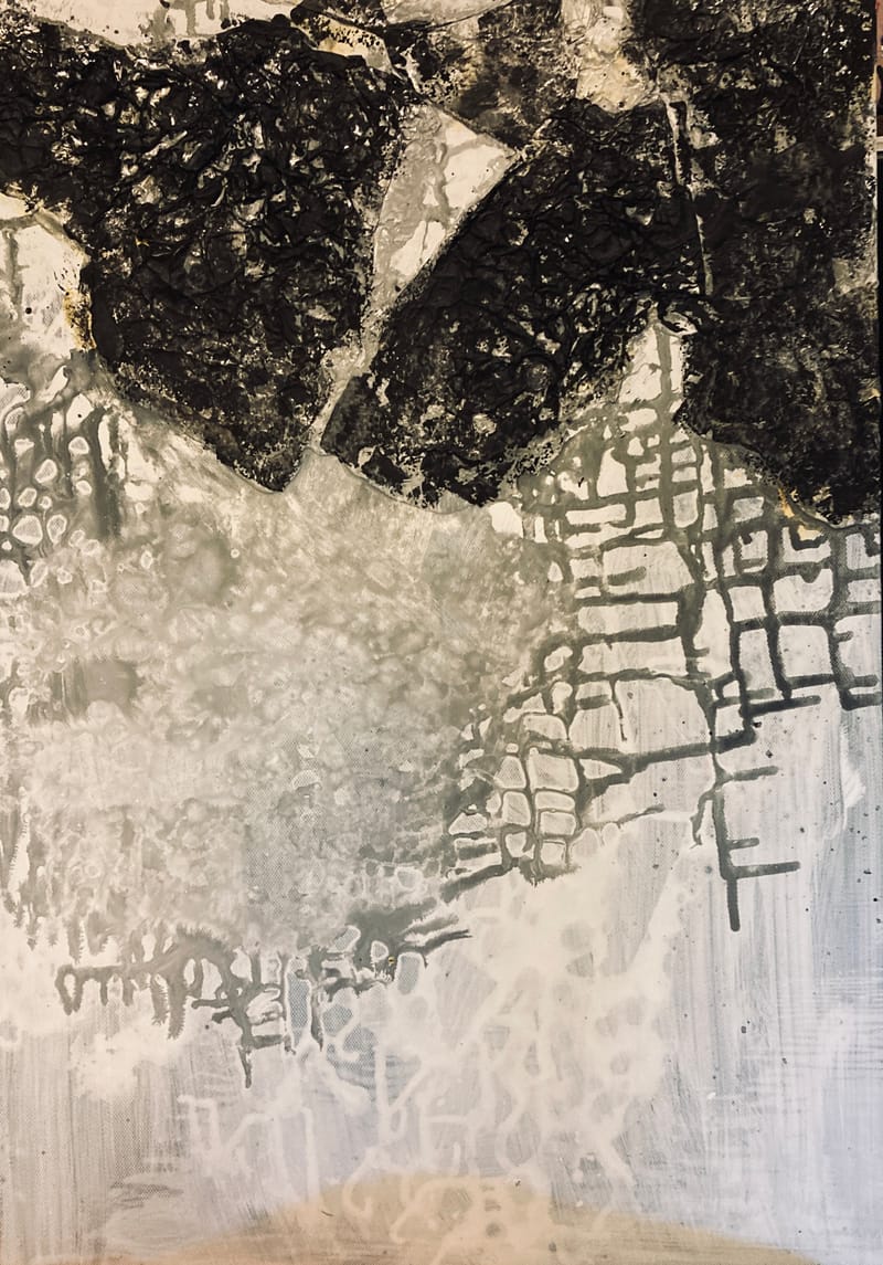 LEFT: Storm Warning (2024) Acrylic/Paper/Foil on Canvas, 35 cm x 50 cm ~ CENTRE: Vase (2024) Acrylic/Paper/Foil on Canvas, 35 cm x 50 cm  ~ RIGHT: Giraffe (2024) Acrylic/Paper/Foil on Canvas, 35 cm x 50 cm