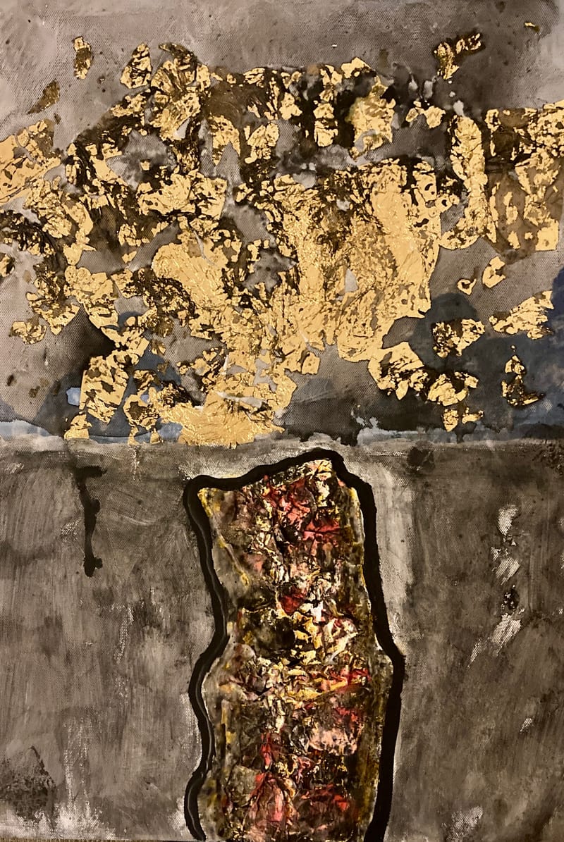 LEFT: Storm Warning (2024) Acrylic/Paper/Foil on Canvas, 35 cm x 50 cm ~ CENTRE: Vase (2024) Acrylic/Paper/Foil on Canvas, 35 cm x 50 cm  ~ RIGHT: Giraffe (2024) Acrylic/Paper/Foil on Canvas, 35 cm x 50 cm