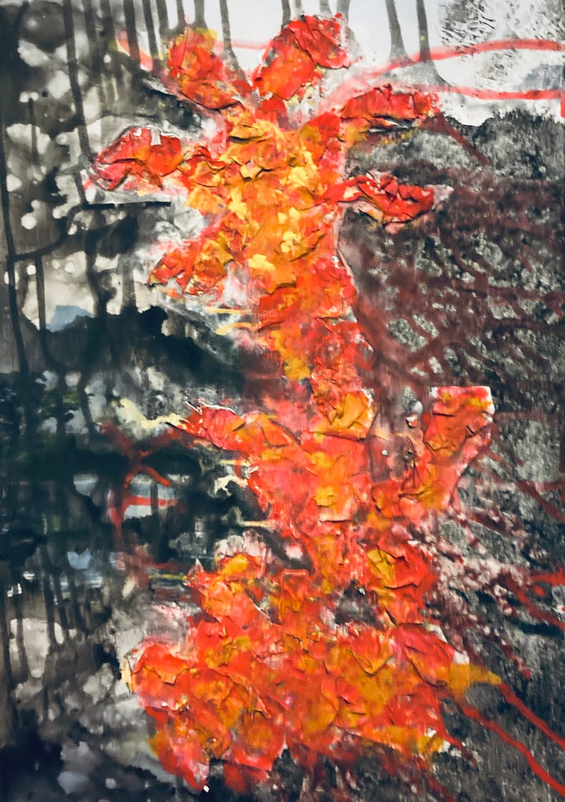 LEFT: Storm Warning (2024) Acrylic/Paper/Foil on Canvas, 35 cm x 50 cm ~ CENTRE: Vase (2024) Acrylic/Paper/Foil on Canvas, 35 cm x 50 cm  ~ RIGHT: Giraffe (2024) Acrylic/Paper/Foil on Canvas, 35 cm x 50 cm