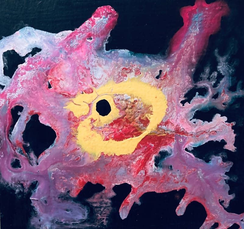 LEFT: Entropy 1 (2024) Acrylic on Wood Panel, 15 cm x 15 cm ~ CENTRE: Entropy 2 (2024) Acrylic on Wood Panel, 15 cm x 15 cm ~ RIGHT: Entropy 3 (2024) Acrylic on Wood Panel, 15 cm x 15 cm