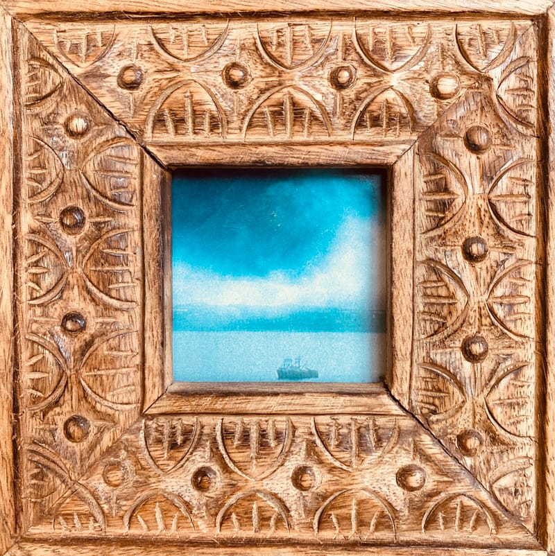 LEFT: Unanswered Prayers (Diptych Left 2025) 12 cm x 18 cm ~ CENTRE: Broken Dreams (Diptych Right 2025) 12 cm x 18 cm ~ RIGHT: Small Craft Warning (2025) 16 cm x 16 cm (in frame)