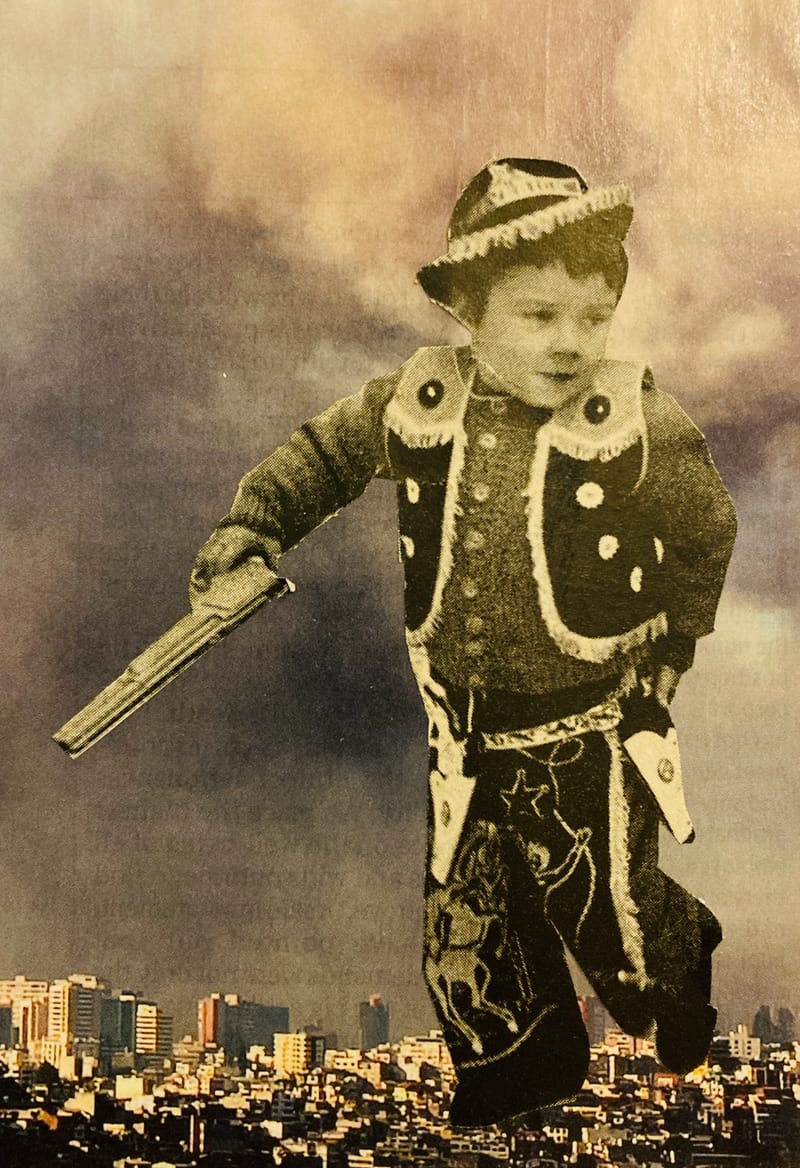 LEFT: Elephant in the Room (2025) 20 cm x 27 cm ~ CENTRE: Cowboy in the Big City (2025) 8 cm x 13 cm ~ RIGHT: The Wheel of Destiny (2025) 21 cm x 27 cm