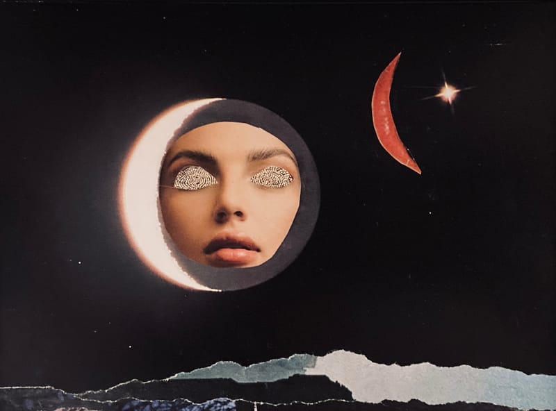 LEFT: Holiday in the Sun (2025) 20 cm x 25 cm ~ CENTRE: Moon Age Daydream II (2025) 18 cm x 13 cm ~ RIGHT: The Next Big Step for Marx and Engels (2025) 12 cm x 17 cm