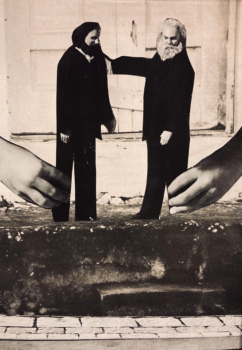 LEFT: Holiday in the Sun (2025) 20 cm x 25 cm ~ CENTRE: Moon Age Daydream II (2025) 18 cm x 13 cm ~ RIGHT: The Next Big Step for Marx and Engels (2025) 12 cm x 17 cm