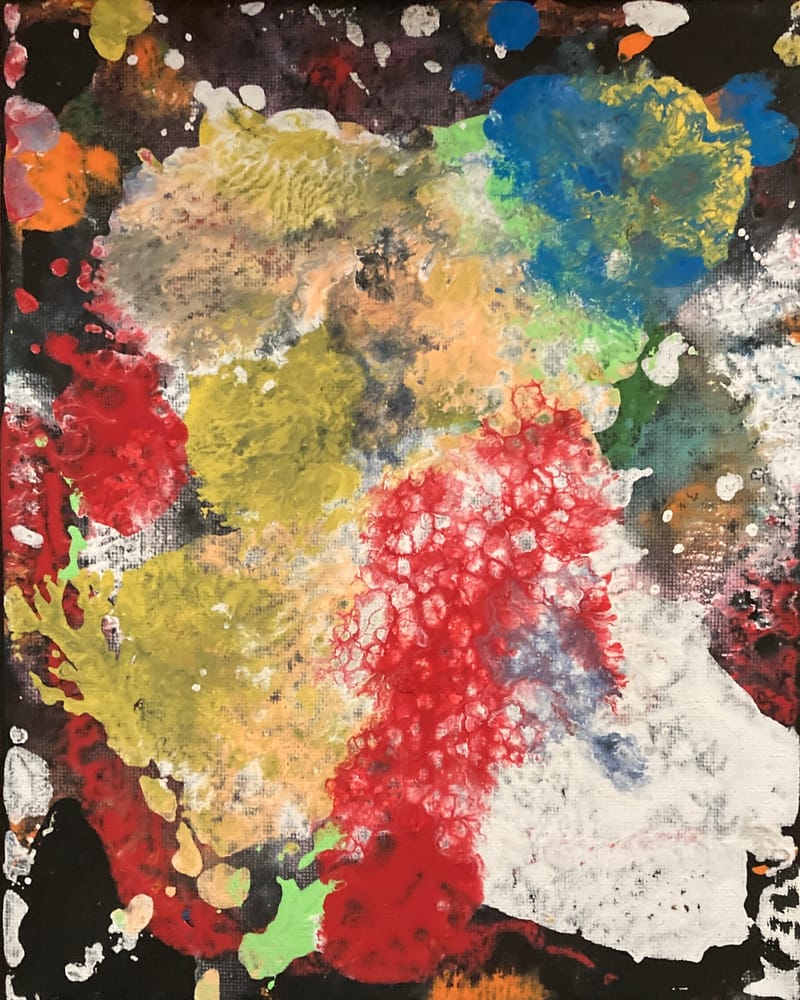 LEFT: Billy Was A Mountain (2025) Acrylic on Canvas, 20 cm x 26 cm ~ CENTRE Ethel Was A Tree Growing Off Of His Shoulder (2025) Acrylic on Canvas, 20 cm x 26 cm ~ RIGHT: Comet (2025) Acrylic on Canvas, 74 cm x 60 cm