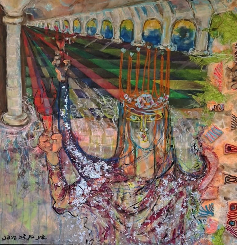 אורית בת צבי הרפז, 100*100 סמ' , טכניקה מעורבת על בד (שמן , אקרילי, קולאז', דפי כסף וזהב), יש בצד השני יצירה נוספת, 3,500 ש"ח