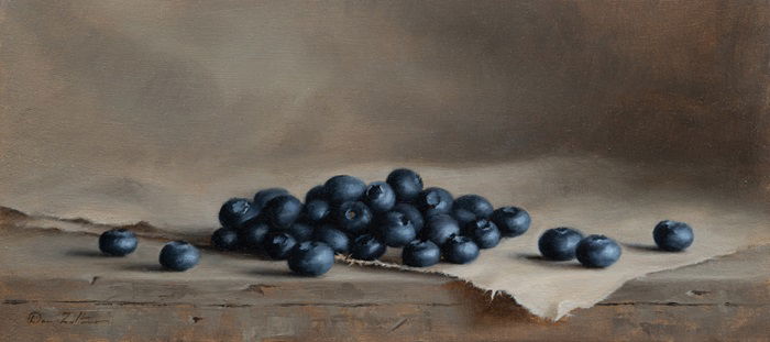 Dana Zaltzman, Blueberries, 2023, Oil on Wood, 14 x 31 cm