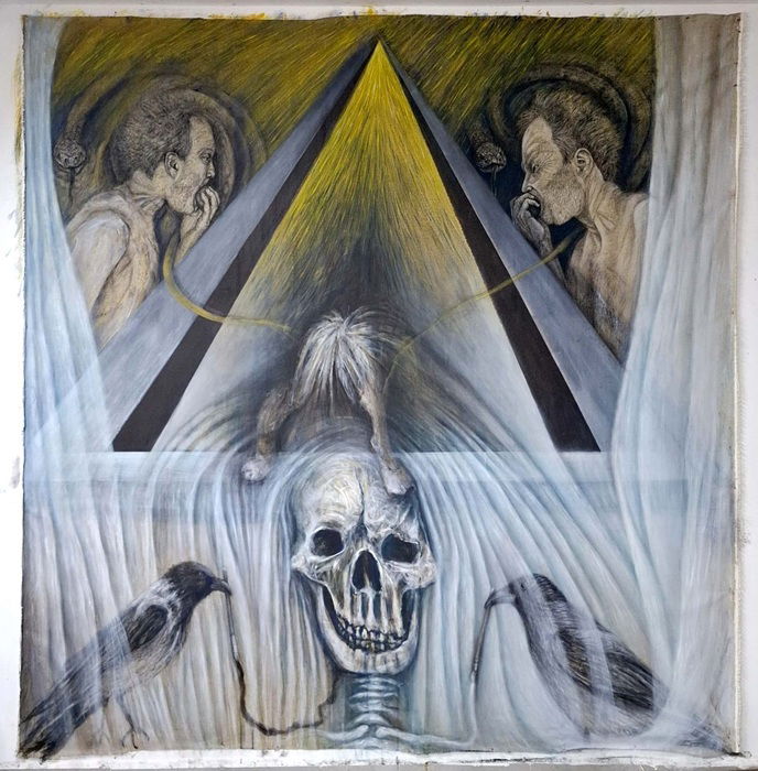 אסף רהט, ללא כותרת, 2005, טמפרה פחם ופסטל לבן על קנבס הפוך, 212X215 סמ
