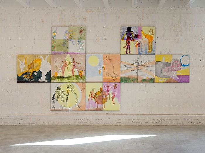 Alejandro Goldberg, Children Paintings, Installation, 2023, graphite, acrylic and oil on linen,, each diptych 129 x 158 cm, Image Courtesy Shimon Yair Cohen