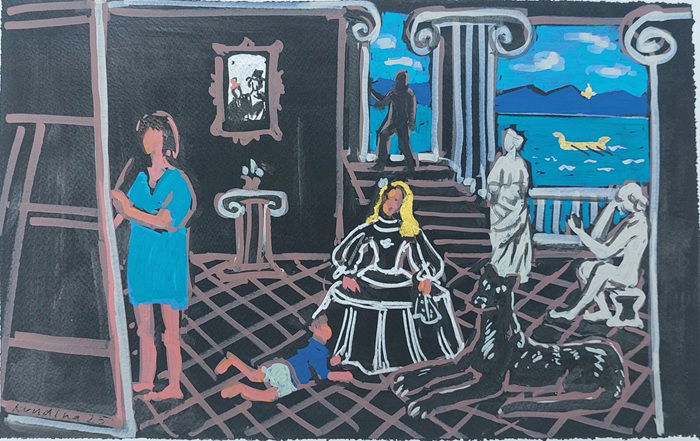 Nelly in the Living Room (After Velázquez), 2025, mixed media on paper, 30x42 cm