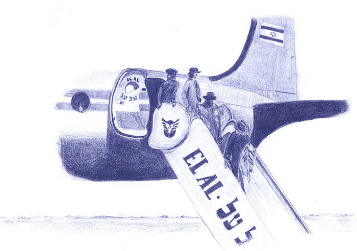 רותי זינגר, עולים לארץ, עפרון תרמוטרנספר על נייר, 15x19.7 ס"מ, 2025, צילום: באדיבות האמנית 