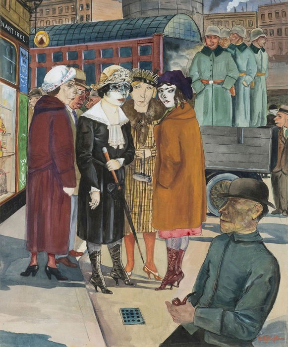 רודולף שליכטר, עוברי־אורח וחיילים, 1925-26 צבע מים על נייר מוצמד לקרטון, 55.5×46.5 אוסף פרטי צילום: Studio Arnt Haug