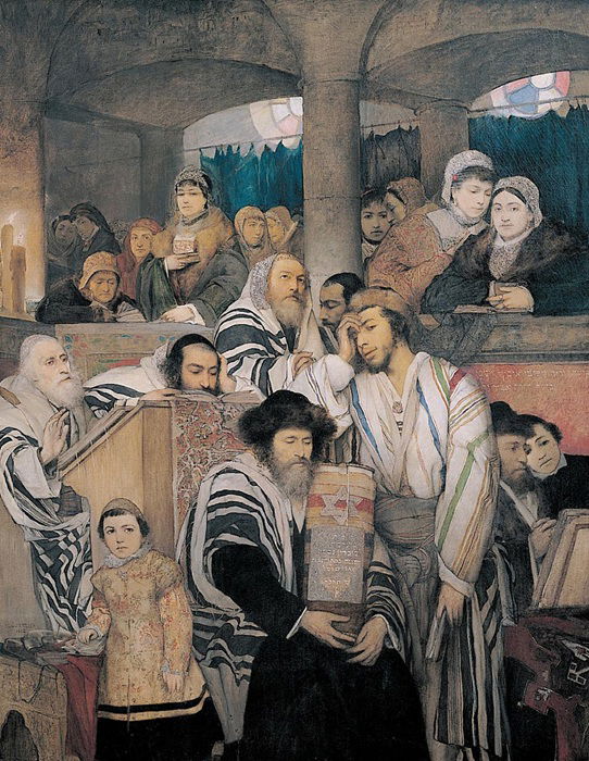 מאוריצי גוטליב, יהודים מתפללים בבית הכנסת ביום הכיפורים, 1878, צילום: אברהם חי