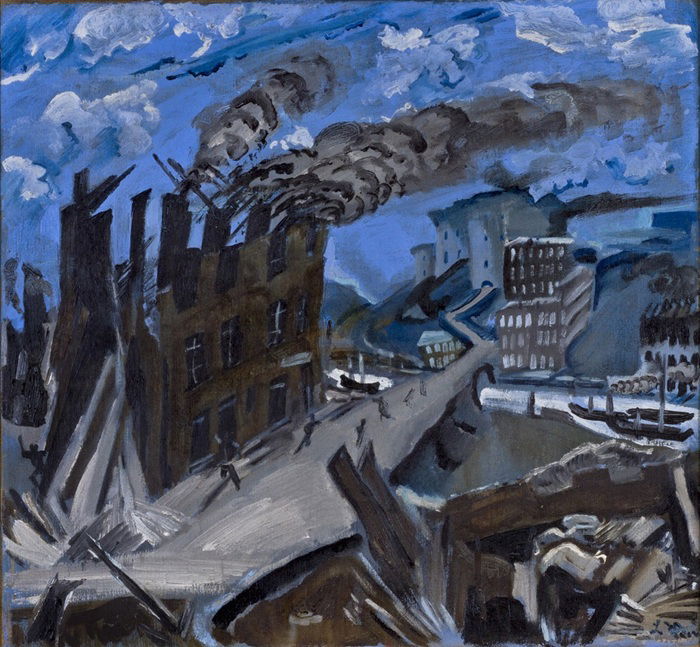 לודוויג מיידנר 1884, ברנשטאט, הקיסרות הגרמנית (כיום ביירוטוב, פולין) – 1966, דרמשטאט, גרמניה בית חרושת בוער, 1912 בצד האחורי: נהר עם דוברות, 1908-09 בקירוב שמן על בד, 46x50 ס"מ אוסף מוזיאון תל-אביב לאמנות רכישה, 1942 צילום: מרגריטה פרלין, מוזיאון תל-אביב לאמנות