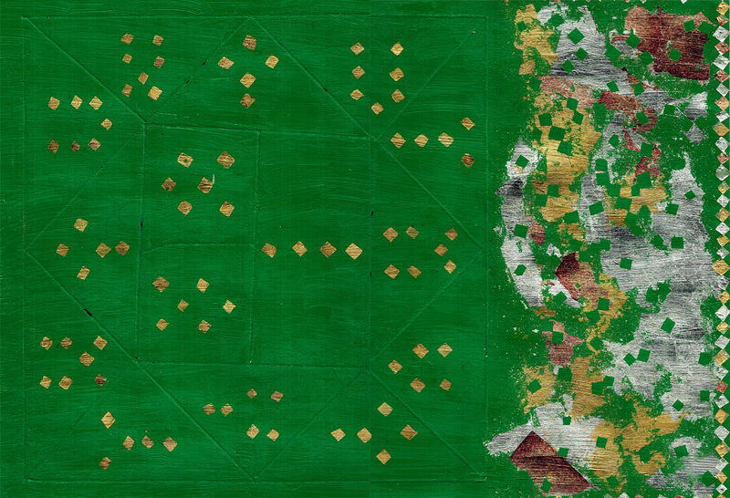 אלהם רוקני, קומאלאק, 2024, שמן, עלי זהב ועלי כסף על נייר צילום: אלעד שריג