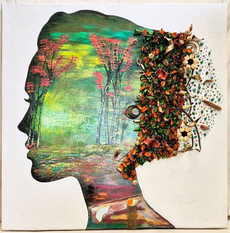 גבי ברום, "רסיסי נשמה", 100x 100 cm, מדיה מעורבת, אקרילי ושמן על לוח עץ מלא,  מחיר: 5000 ש"ח 