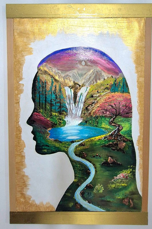 גבי ברום, "אופק התודעה", 102x66cm, מדיה מעורבת, אקרילי ושמן על קנבס. מחיר 4000 ש"ח