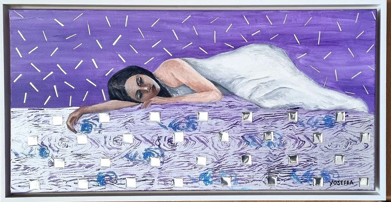 יוספה נויהאוזר, אקריליק ומיקסמדיה על בד, 45 על 85 ס"מ. ממוסגר. 2,900  ש"ח