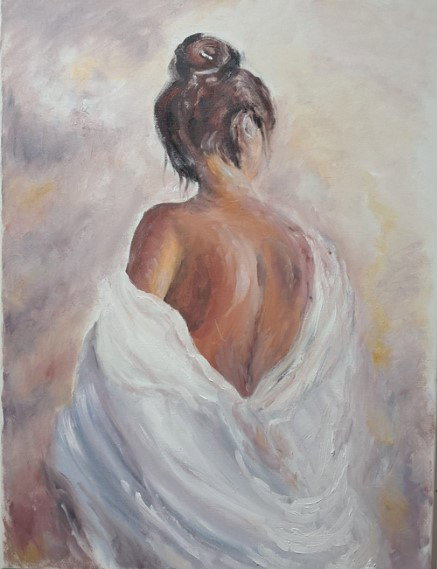 אתי גוגנהיים, "הגברת עם השל הלבן" שמן על בד, 60 על  45 ס"מ. מחיר: 3,000 ש"ח