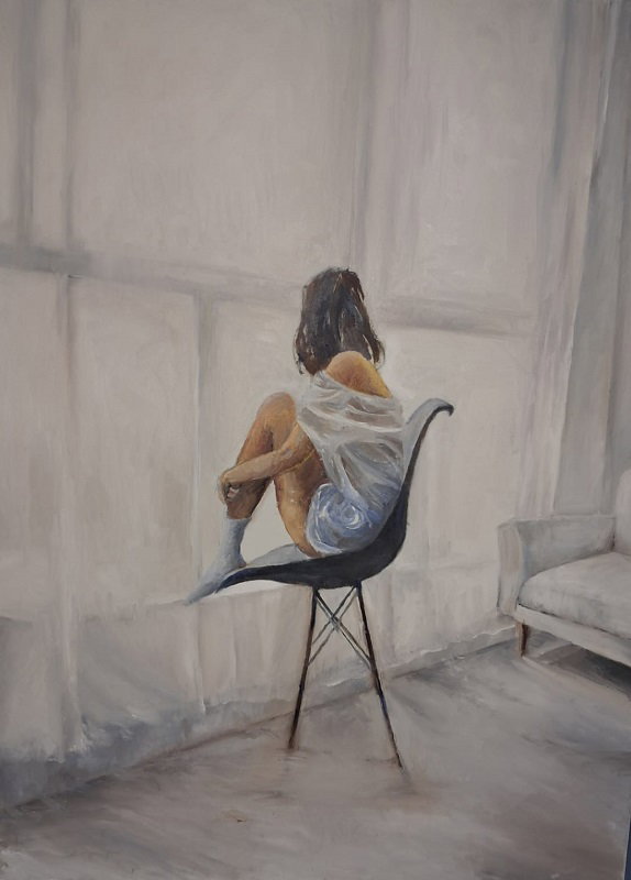 אתי גוגנהיים, "הנערה השקועה במחשבות" שמן על בד, 80 על  60 ס"מ. מחיר: 4,000 ש"ח