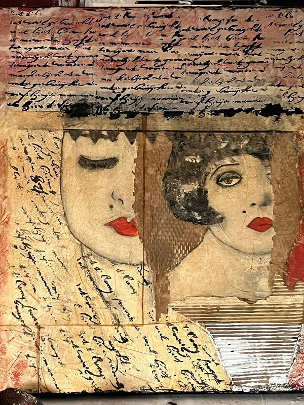 פטריסיה גלמן, קולאז' על בד, 80 על 80 ס"מ. מחיר: 4,500 ש"ח