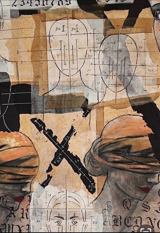 פטריסיה גלמן, קולאז' על בד, 80 על 80 ס"מ. מחיר: 4,500 ש"ח