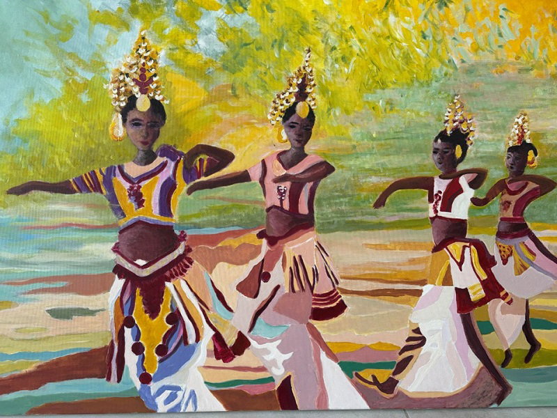 רויטל שושני, ארבע רקדניות מסרילנקה ב׳ריקוד קנדיאני׳, אקריליק על בד, 70*100 ס״מ,  מחיר: 3,900 ש״ח