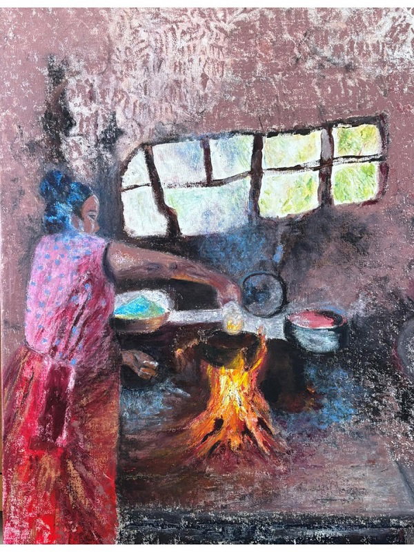 רויטל שושני, "אישה בכפר בסרילנקה מבשלת על אש", אקריליק על בד, 100 על 70 ס״מ,  מחיר: 3,900 ש״ח