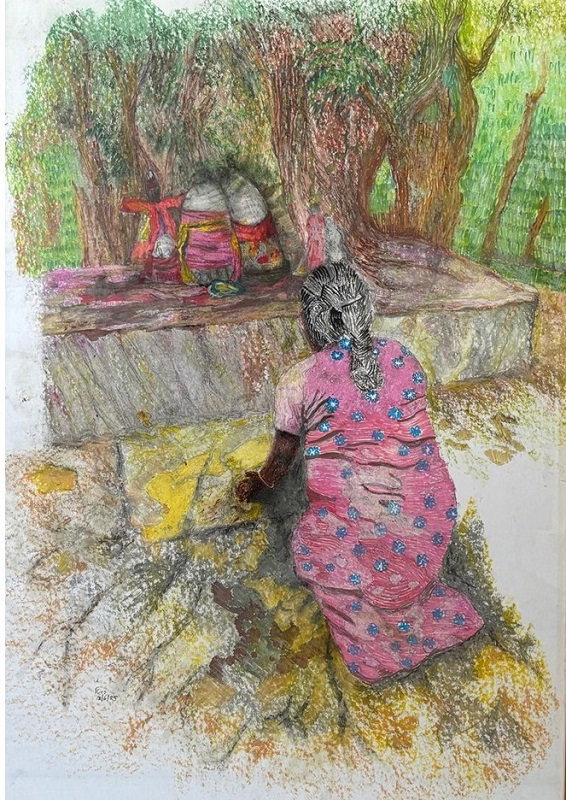 רויטל שושני, "תפילה לאלים בצל הפיקוס", גירים וטושים אקריליים על נייר ( מסגרת עם זכוכית ), 100 על 70 ס״מ,  מחיר: 3,900 ש״ח 