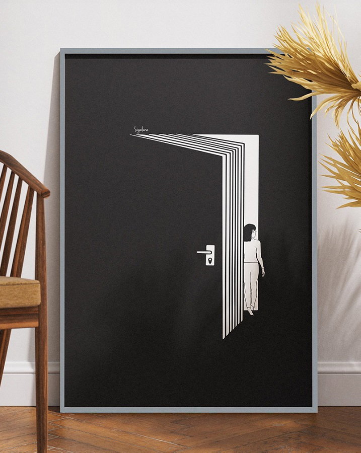 "חדר בריחה", סיגל רק ויינטה (סיגלונה), איור דיגיטאלי, על נייר קנסון הדפסה בארטסקאן, 50/70 ס"מ. ממוסגר במסגרת אלומניום כסופה. טל': 052-5253312