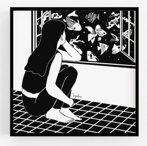 "מרגישה כמו דג", סיגל רק ויינטה (סיגלונה), איור דיגיטאלי, על נייר קנסון הדפסה בארטסקאן, 20/20 ס"מ. ממוסגר במסגרת עץ שחורה. טל': 052-5253312